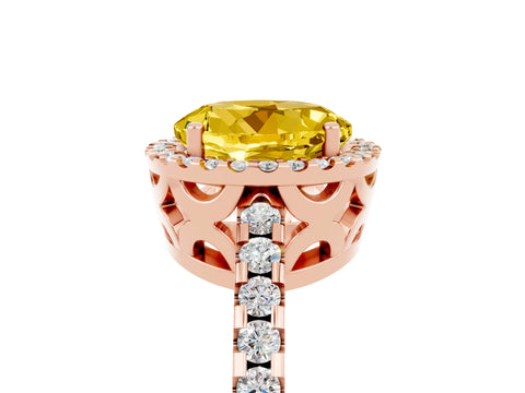 Rose gold Round Cut Yellow Sapphire Halo Engagement Ring with Pavé Band and Prong Setting_17