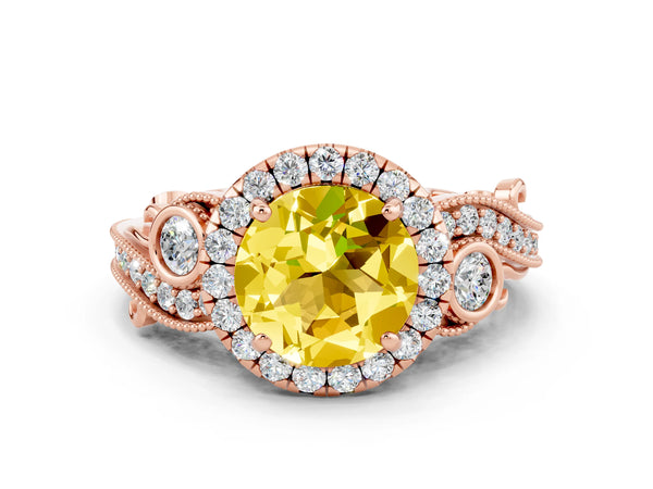 Rose gold Round Cut Yellow Sapphire Halo Ring with Milgrain Pavé Band and Four-Prong Setting
