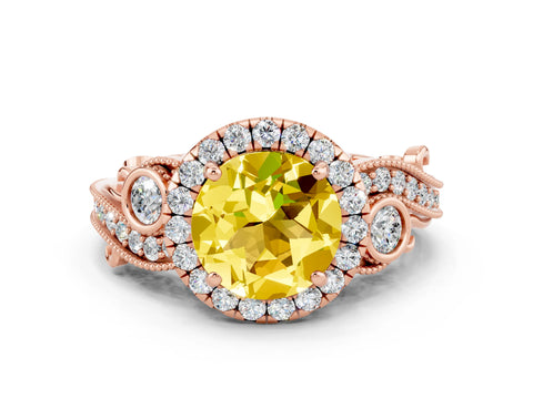 Rose gold Round Cut Yellow Sapphire Halo Ring with Milgrain Pavé Band and Four-Prong Setting_12