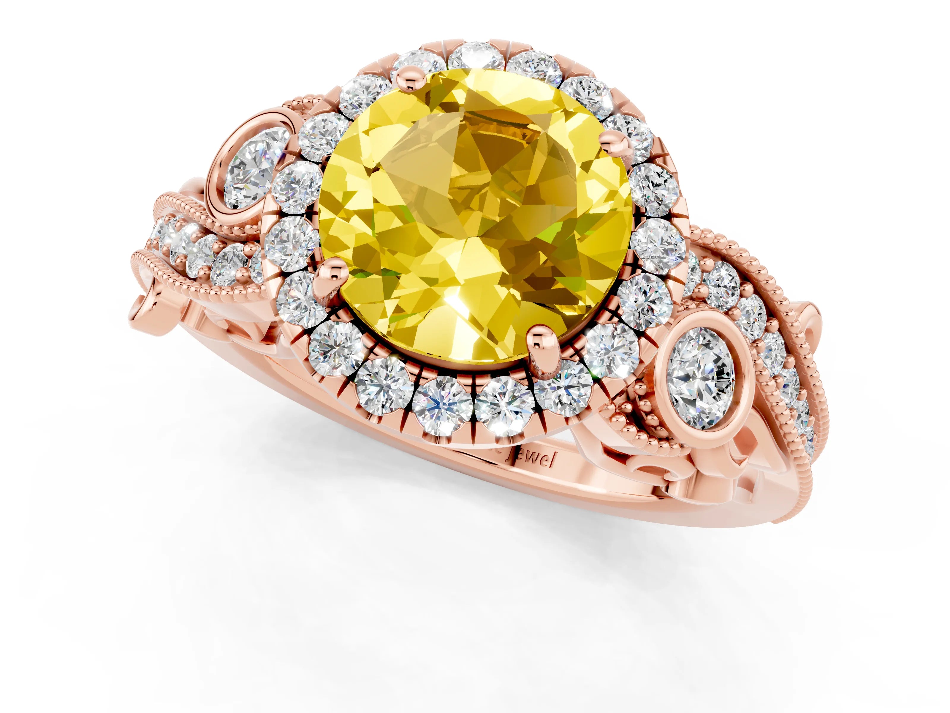 Rose gold Round Cut Yellow Sapphire Halo Ring with Milgrain Pavé Band and Four-Prong Setting_13