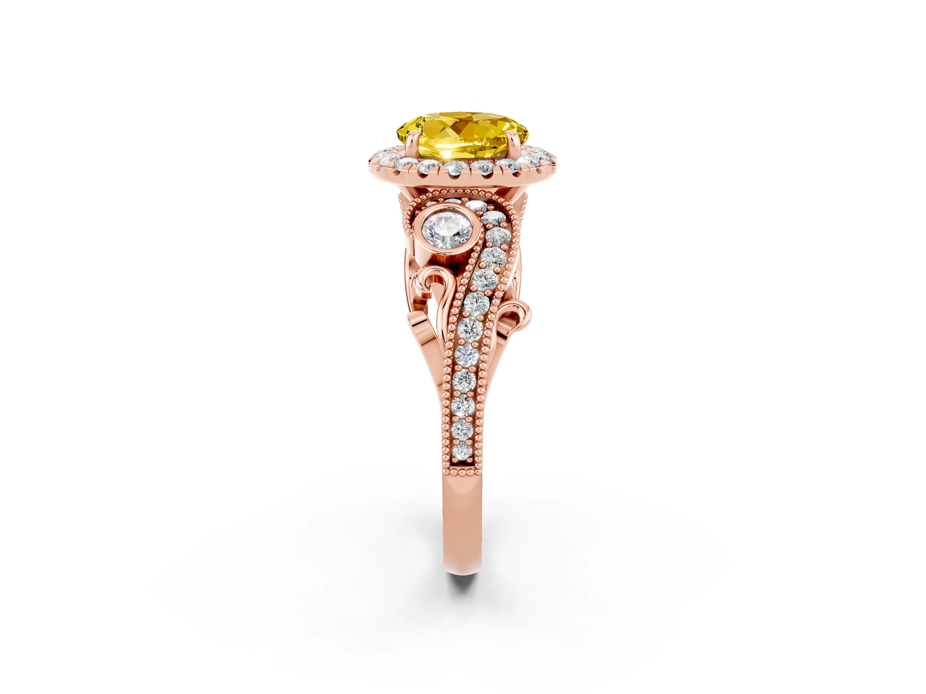 Rose gold Round Cut Yellow Sapphire Halo Ring with Milgrain Pavé Band and Four-Prong Setting_14