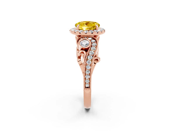 Rose gold Round Cut Yellow Sapphire Halo Ring with Milgrain Pavé Band and Four-Prong Setting