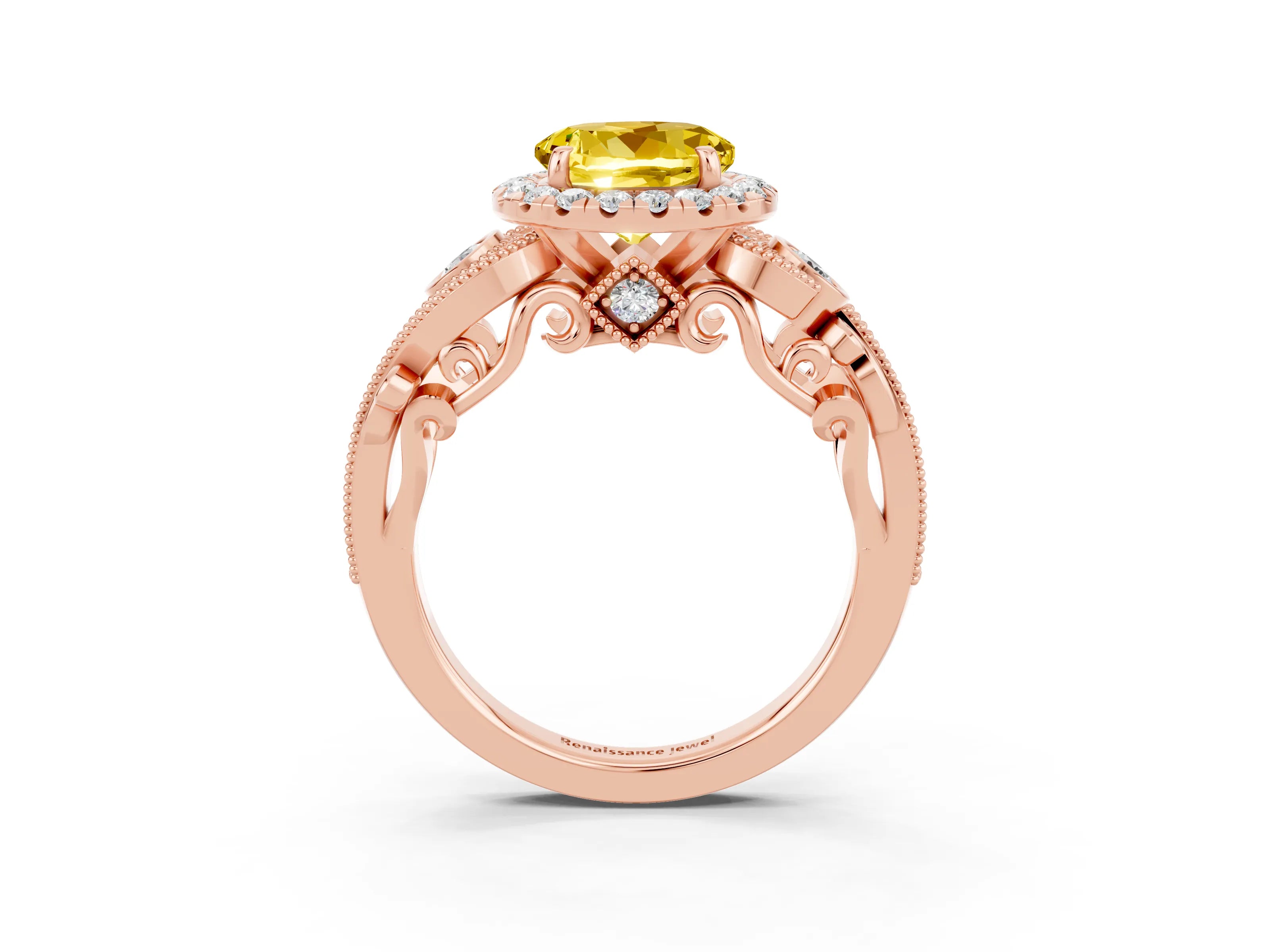 Rose gold Round Cut Yellow Sapphire Halo Ring with Milgrain Pavé Band and Four-Prong Setting_15