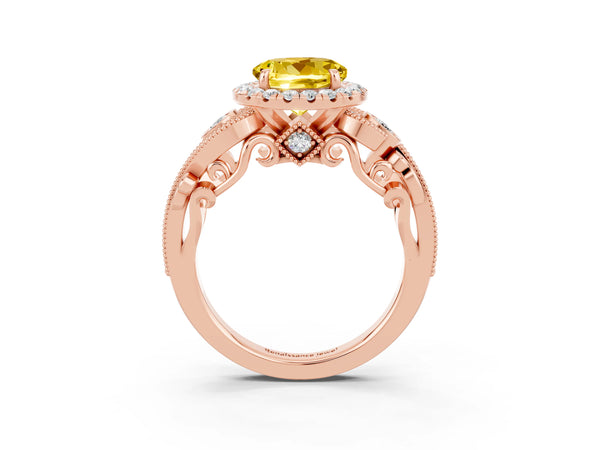 Rose gold Round Cut Yellow Sapphire Halo Ring with Milgrain Pavé Band and Four-Prong Setting