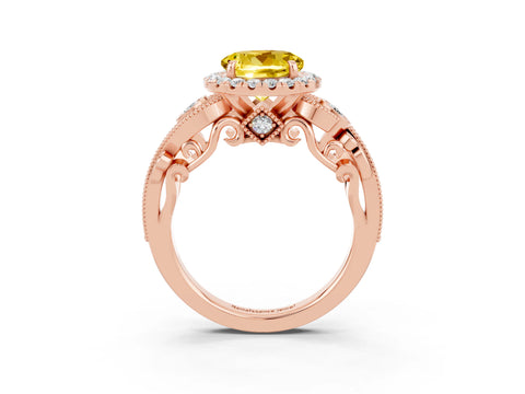 Rose gold Round Cut Yellow Sapphire Halo Ring with Milgrain Pavé Band and Four-Prong Setting_15