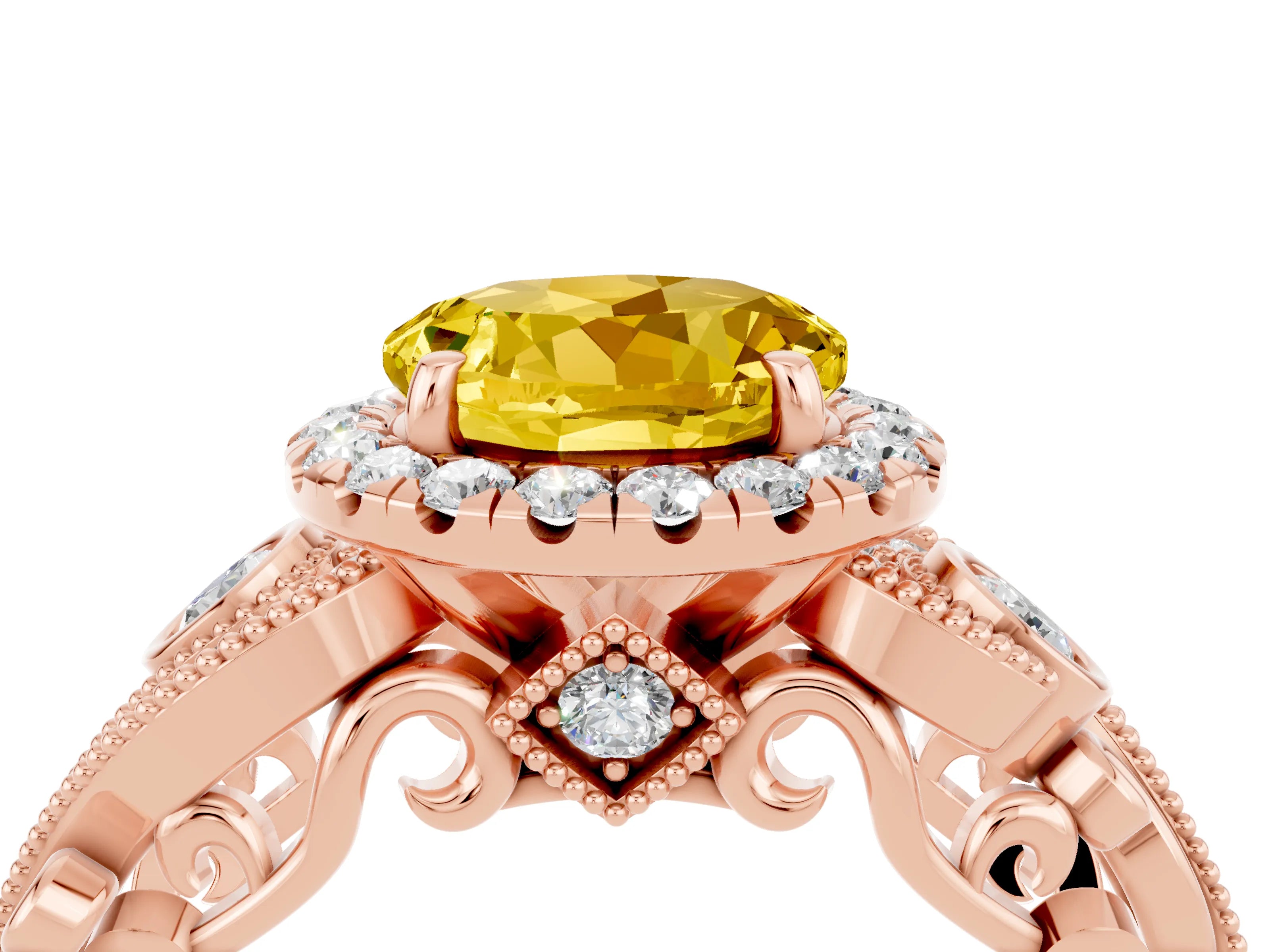 Rose gold Round Cut Yellow Sapphire Halo Ring with Milgrain Pavé Band and Four-Prong Setting_16