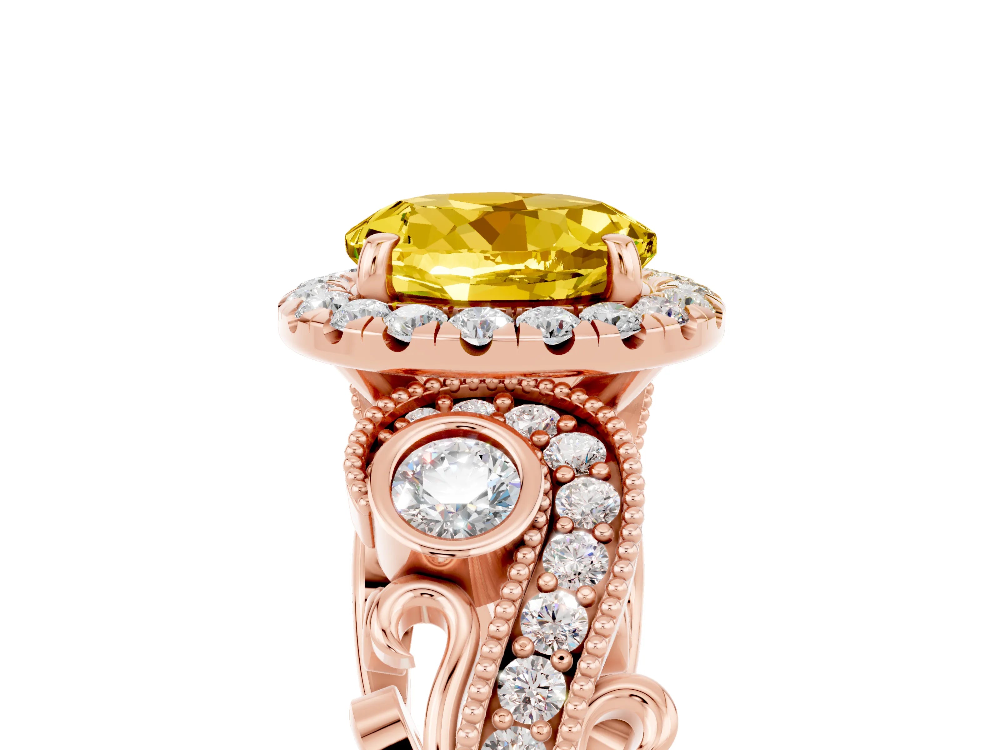 Rose gold Round Cut Yellow Sapphire Halo Ring with Milgrain Pavé Band and Four-Prong Setting_17