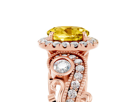 Rose gold Round Cut Yellow Sapphire Halo Ring with Milgrain Pavé Band and Four-Prong Setting_17