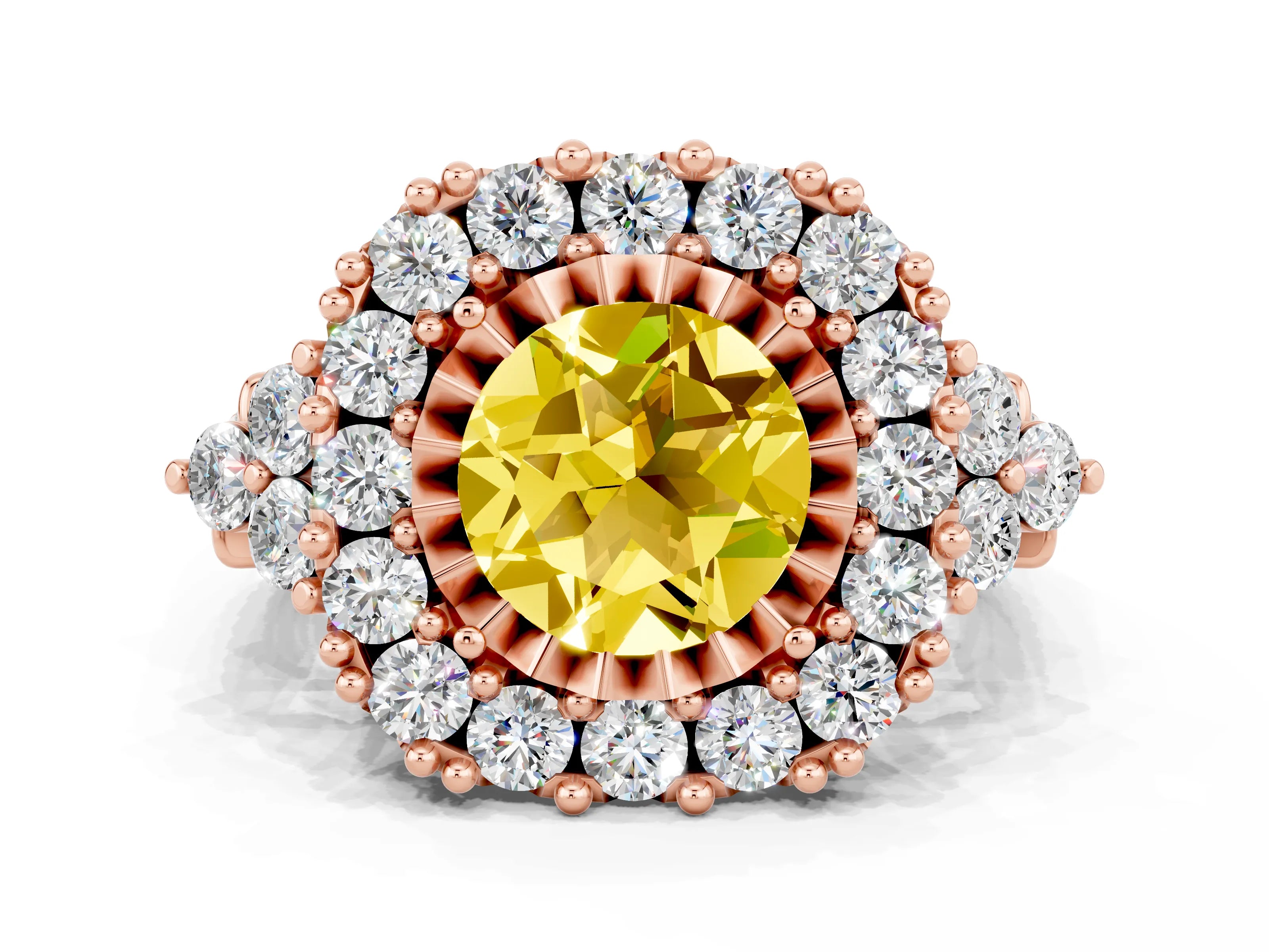 Rose gold Round Cut Yellow Sapphire Halo Ring with Pavé Band and Four-Prong Setting_12