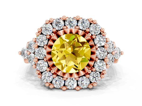 Rose gold Round Cut Yellow Sapphire Halo Ring with Pavé Band and Four-Prong Setting