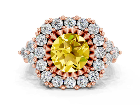 Rose gold Round Cut Yellow Sapphire Halo Ring with Pavé Band and Four-Prong Setting_12
