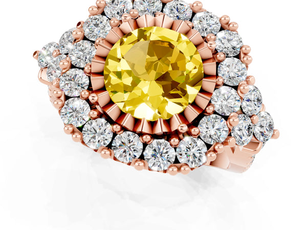 Rose gold Round Cut Yellow Sapphire Halo Ring with Pavé Band and Four-Prong Setting