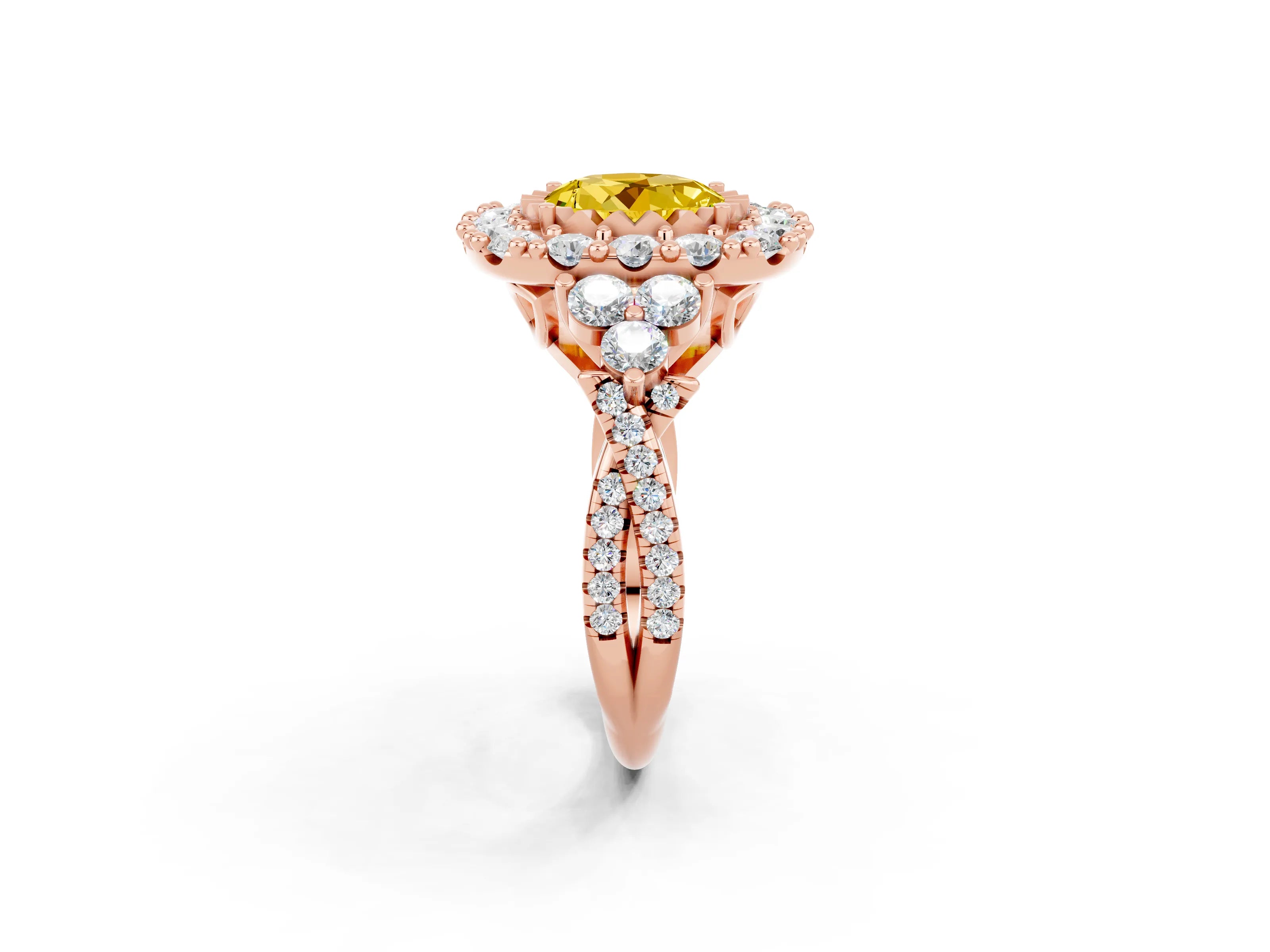 Rose gold Round Cut Yellow Sapphire Halo Ring with Pavé Band and Four-Prong Setting_14