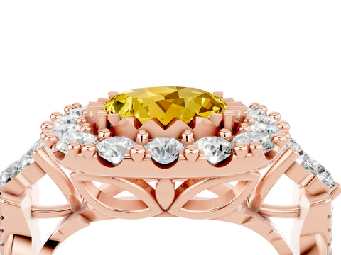 Rose gold Round Cut Yellow Sapphire Halo Ring with Pavé Band and Four-Prong Setting_16