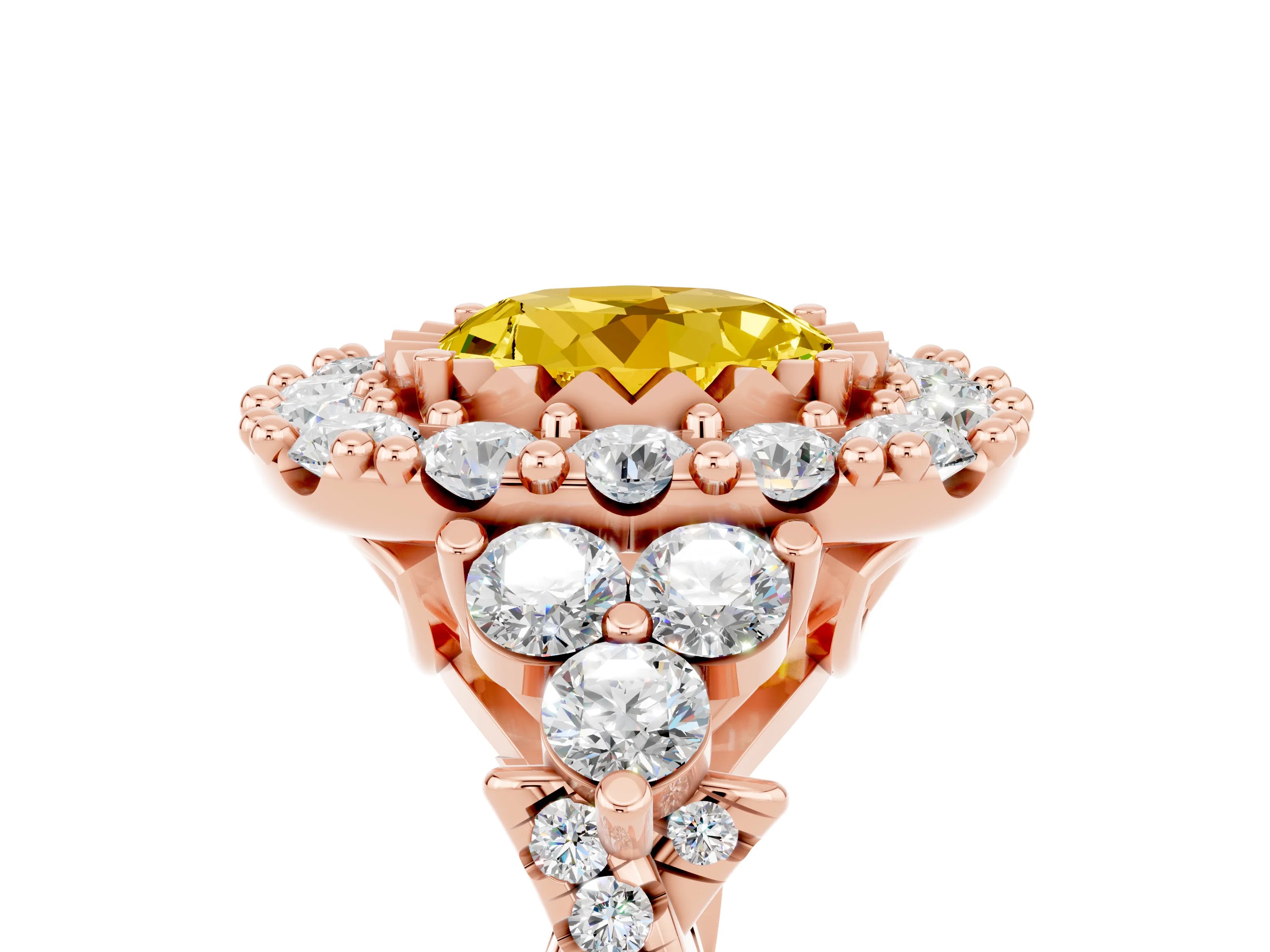 Rose gold Round Cut Yellow Sapphire Halo Ring with Pavé Band and Four-Prong Setting_17