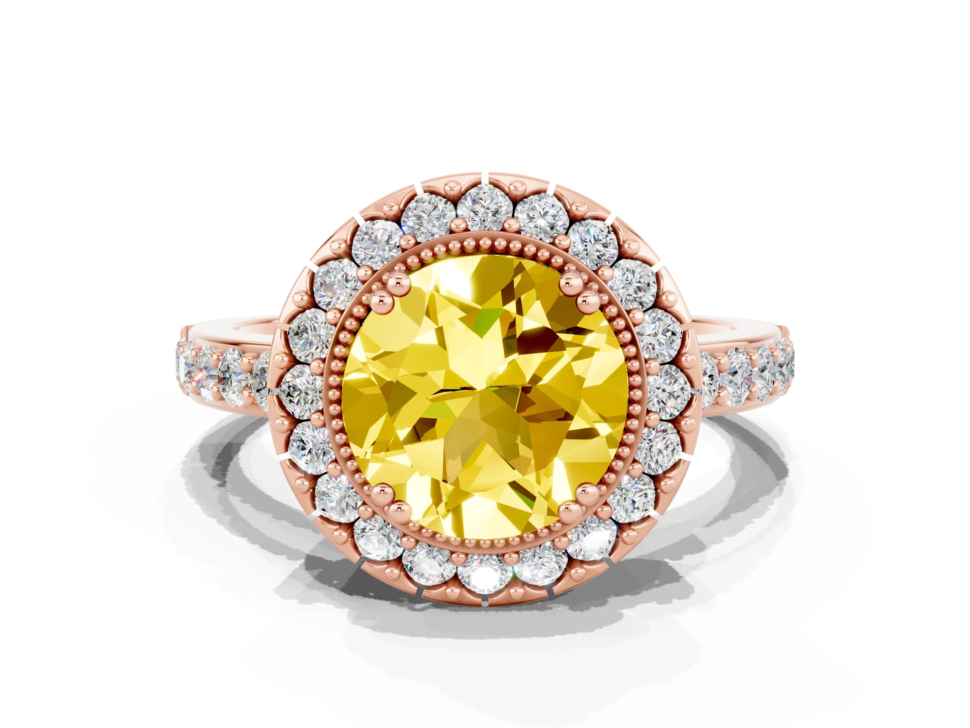 Rose gold Round Cut Yellow Sapphire Halo Ring with Pavé Band and Prong Setting_12