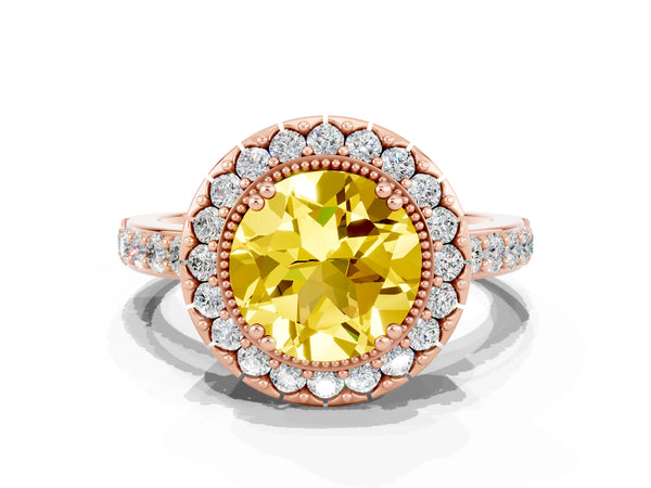 Rose gold Round Cut Yellow Sapphire Halo Ring with Pavé Band and Prong Setting