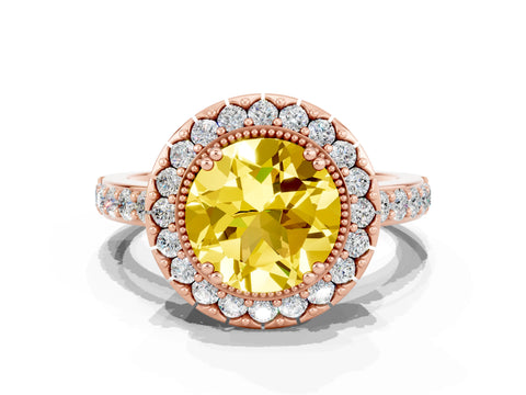 Rose gold Round Cut Yellow Sapphire Halo Ring with Pavé Band and Prong Setting_12