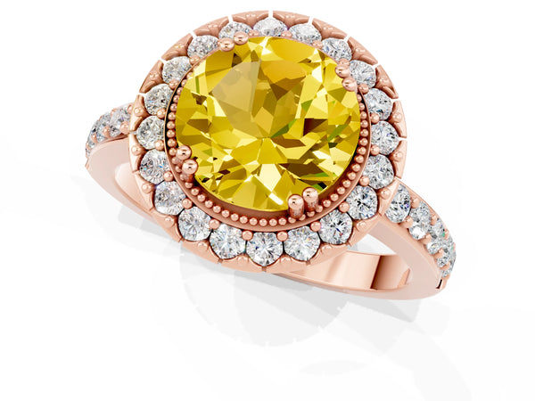 Rose gold Round Cut Yellow Sapphire Halo Ring with Pavé Band and Prong Setting