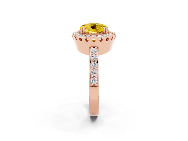 Rose gold Round Cut Yellow Sapphire Halo Ring with Pavé Band and Prong Setting