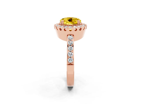 Rose gold Round Cut Yellow Sapphire Halo Ring with Pavé Band and Prong Setting_14