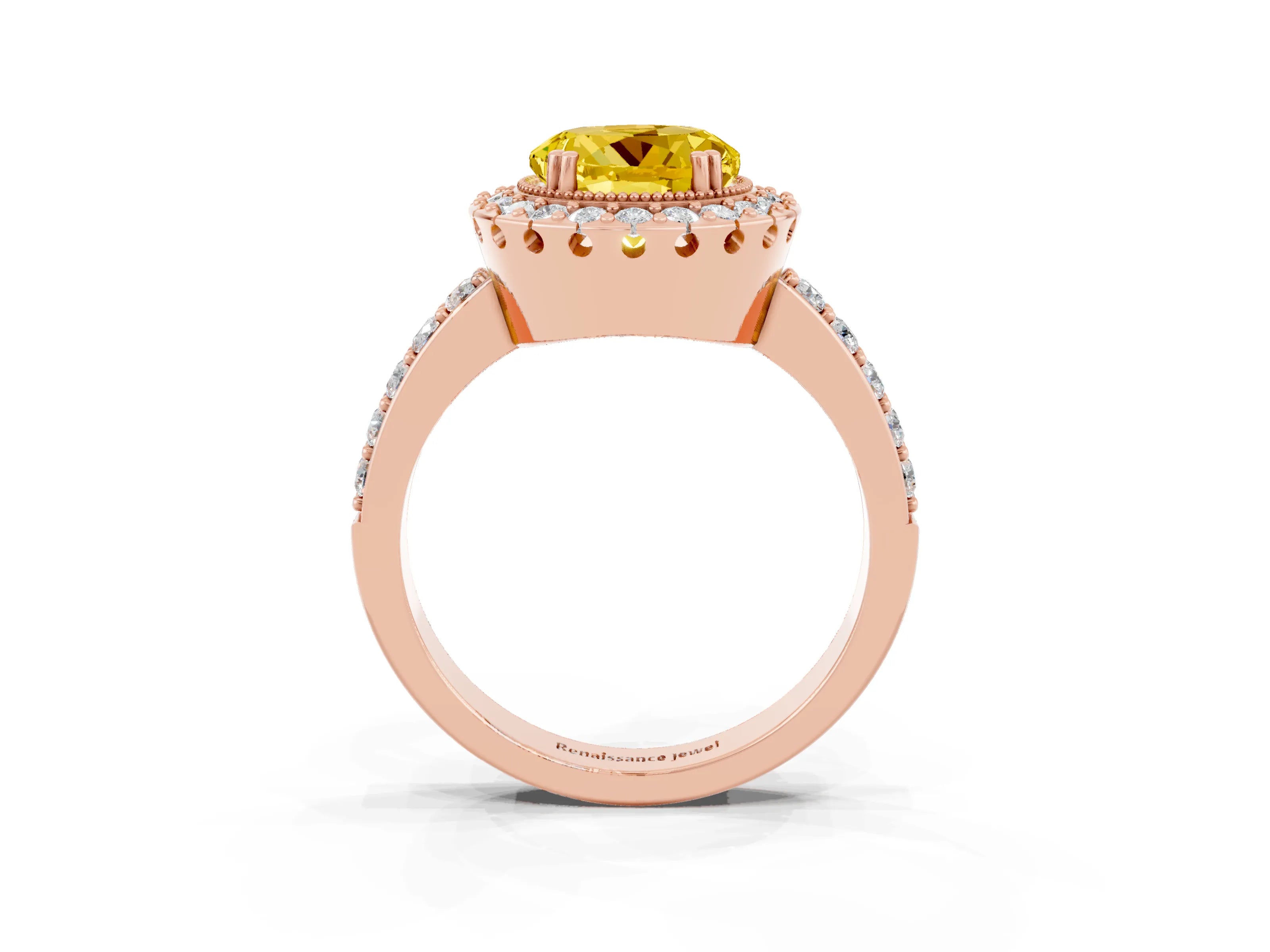 Rose gold Round Cut Yellow Sapphire Halo Ring with Pavé Band and Prong Setting_15
