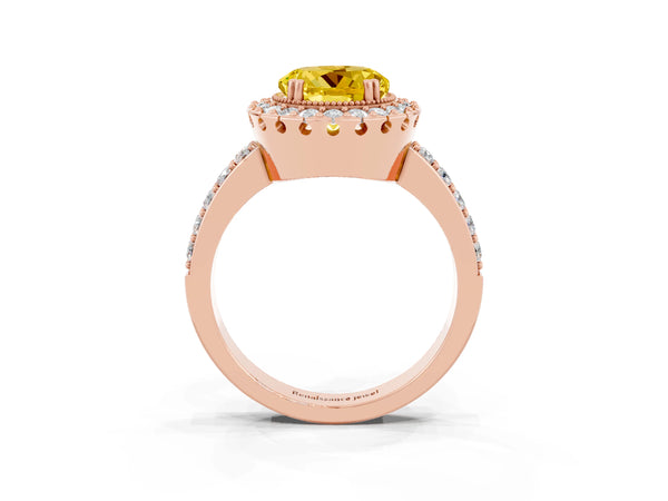 Rose gold Round Cut Yellow Sapphire Halo Ring with Pavé Band and Prong Setting