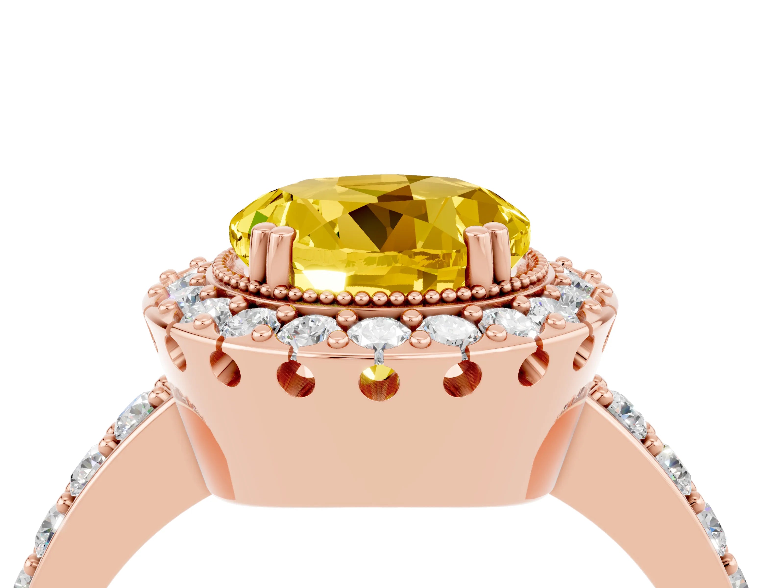 Rose gold Round Cut Yellow Sapphire Halo Ring with Pavé Band and Prong Setting_16