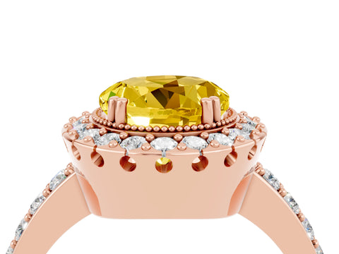 Rose gold Round Cut Yellow Sapphire Halo Ring with Pavé Band and Prong Setting_16