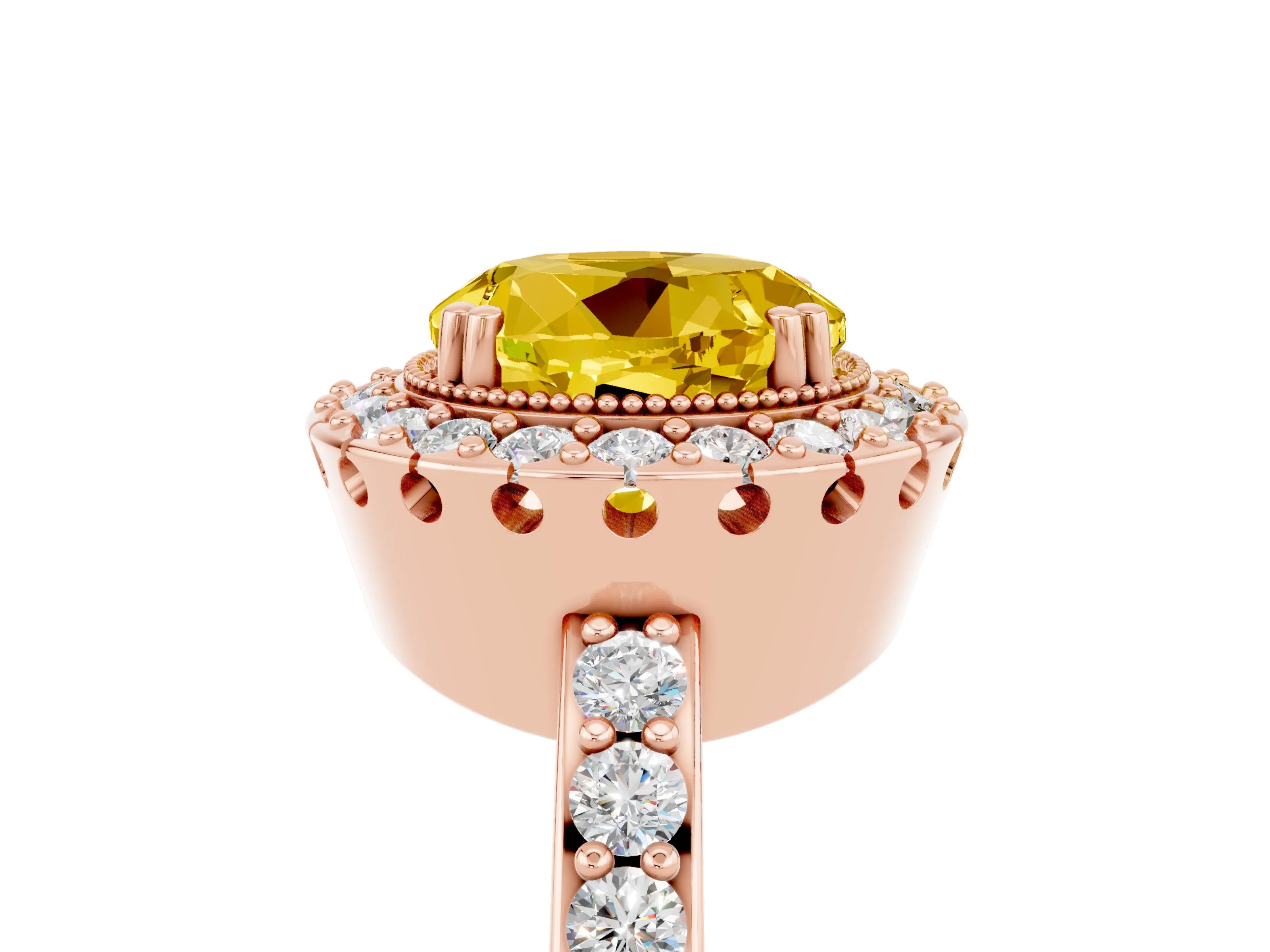 Rose gold Round Cut Yellow Sapphire Halo Ring with Pavé Band and Prong Setting_17