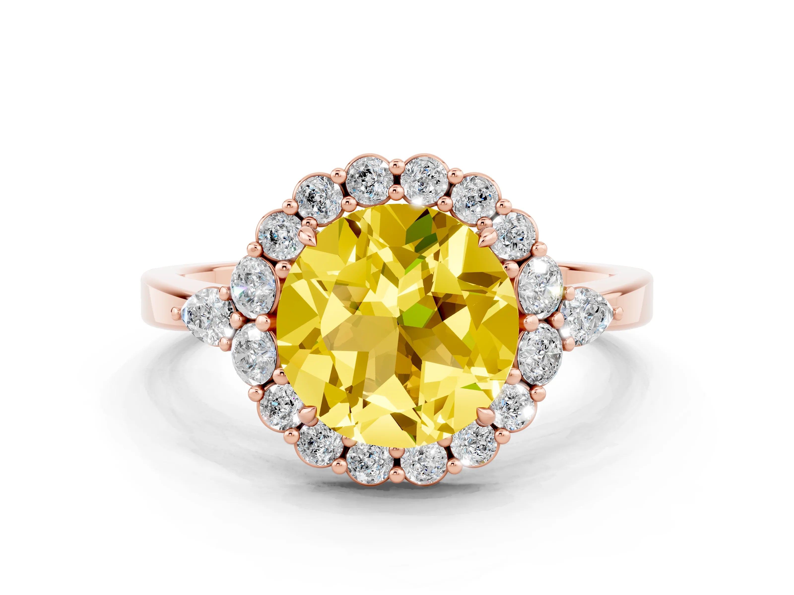 Rose gold Round Cut Yellow Sapphire Halo Ring with Pear Side Stones and Prong Setting_12