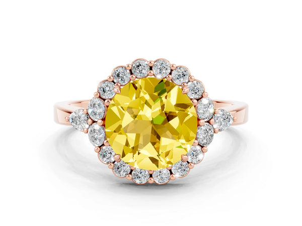 Rose gold Round Cut Yellow Sapphire Halo Ring with Pear Side Stones and Prong Setting