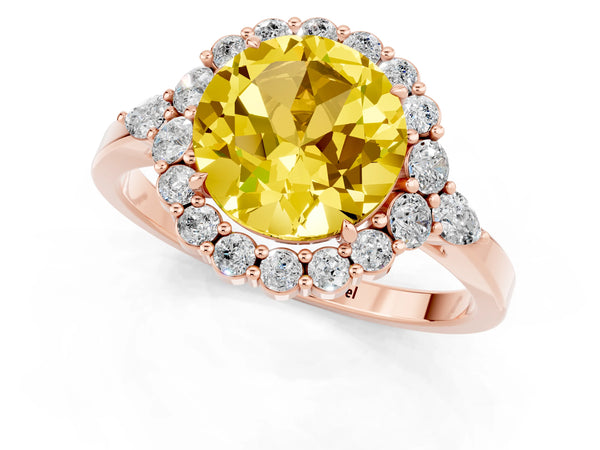 Rose gold Round Cut Yellow Sapphire Halo Ring with Pear Side Stones and Prong Setting