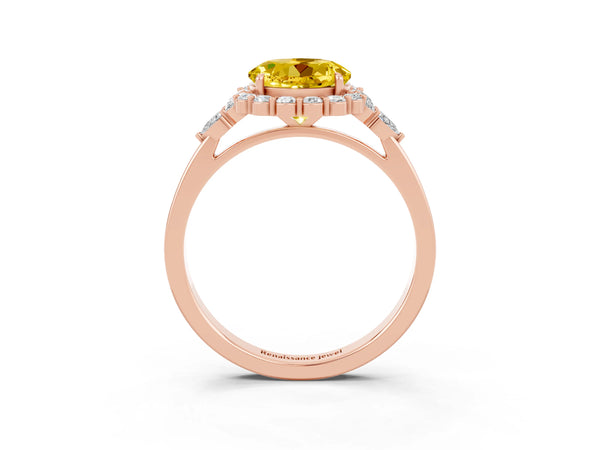 Rose gold Round Cut Yellow Sapphire Halo Ring with Pear Side Stones and Prong Setting