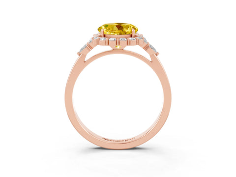 Rose gold Round Cut Yellow Sapphire Halo Ring with Pear Side Stones and Prong Setting_15