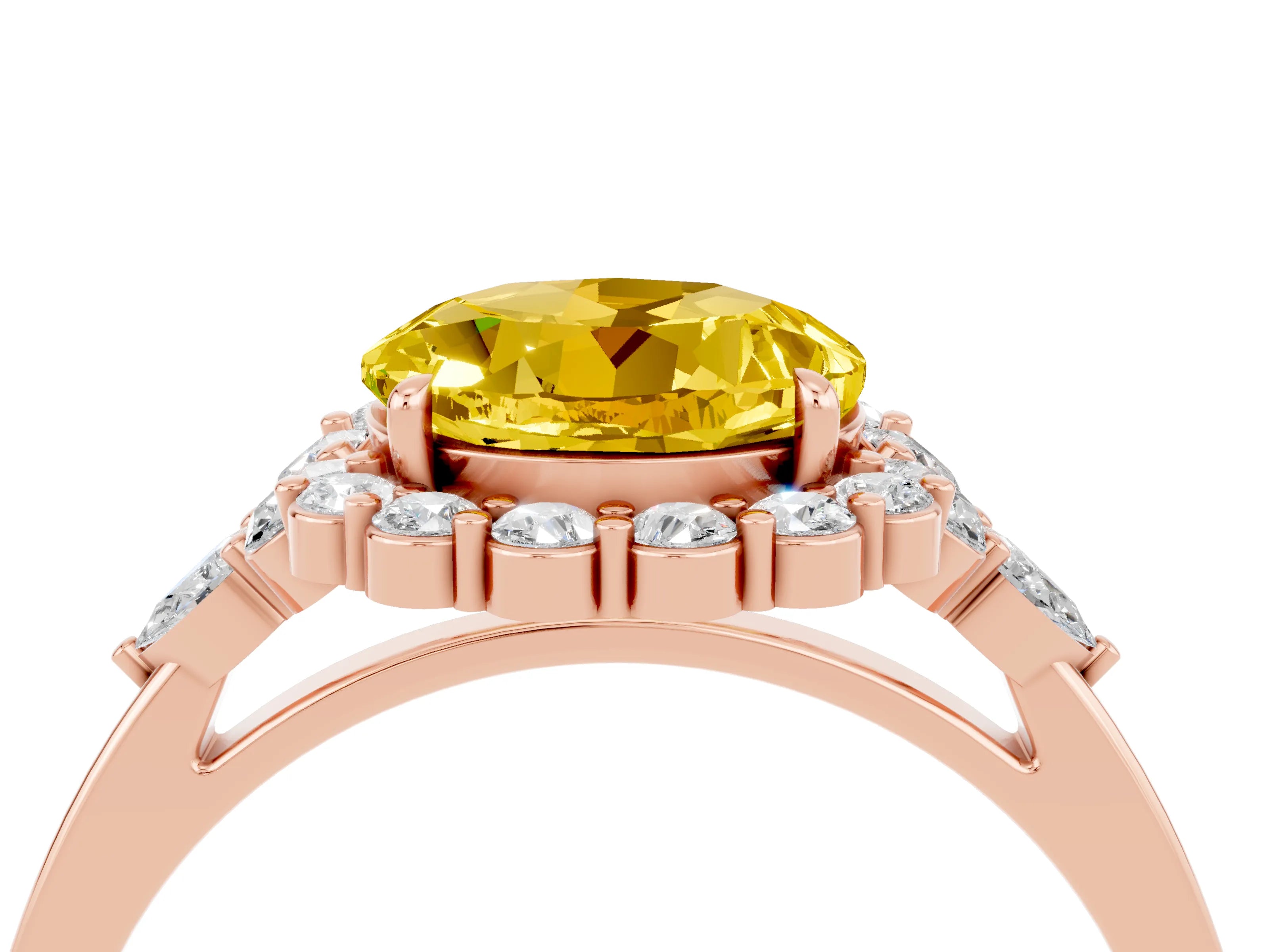 Rose gold Round Cut Yellow Sapphire Halo Ring with Pear Side Stones and Prong Setting_16
