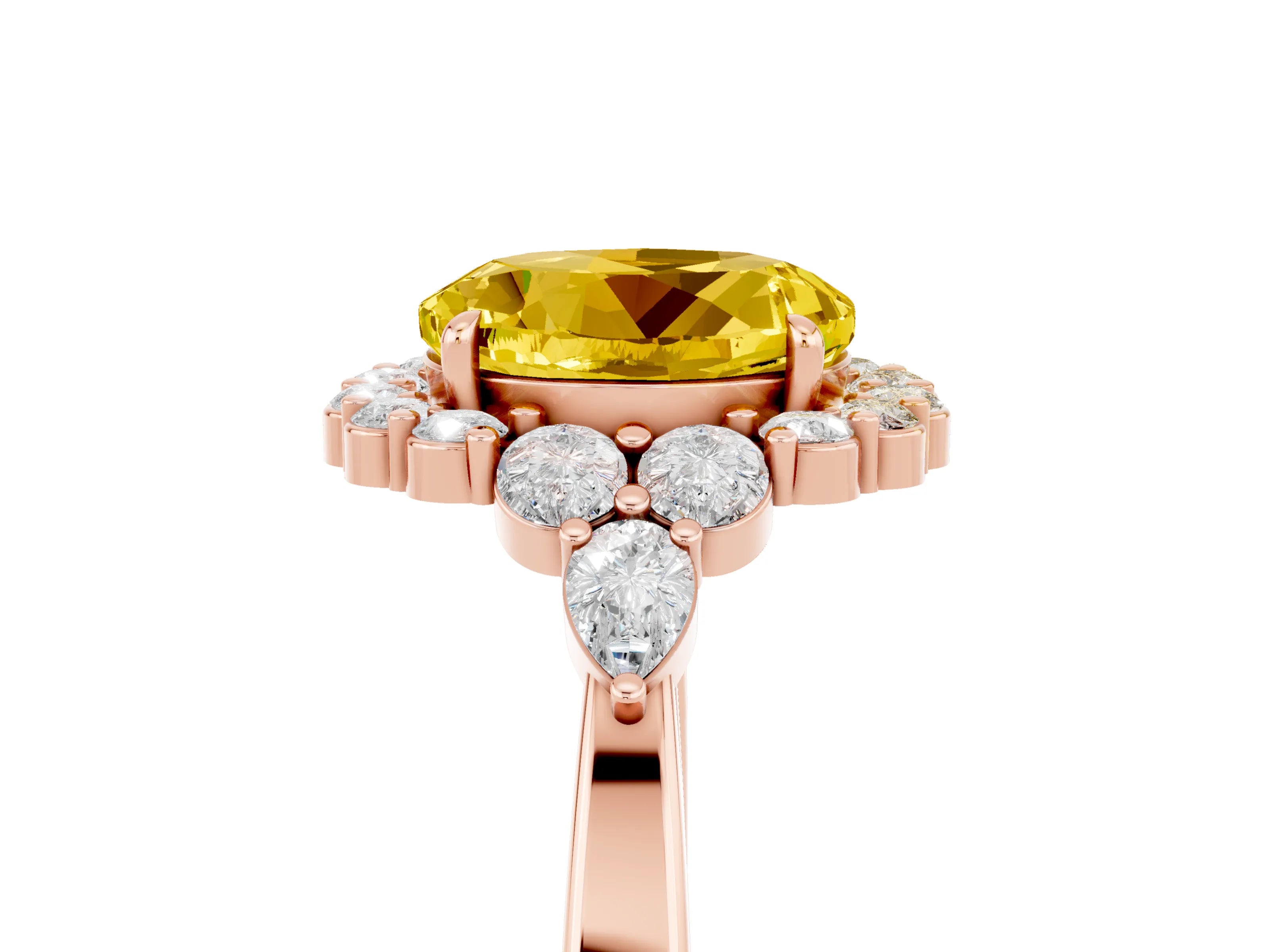 Rose gold Round Cut Yellow Sapphire Halo Ring with Pear Side Stones and Prong Setting_17