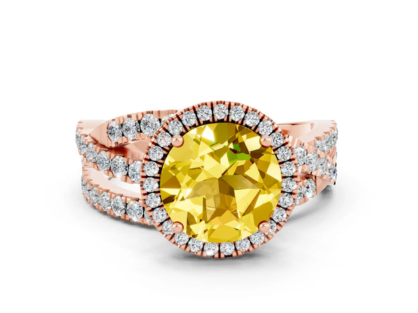 Rose gold Round Cut Yellow Sapphire Halo Ring with Round Split Shank and Prong Setting