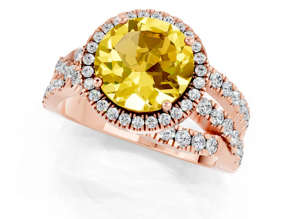 Rose gold Round Cut Yellow Sapphire Halo Ring with Round Split Shank and Prong Setting