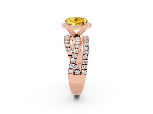 Rose gold Round Cut Yellow Sapphire Halo Ring with Round Split Shank and Prong Setting