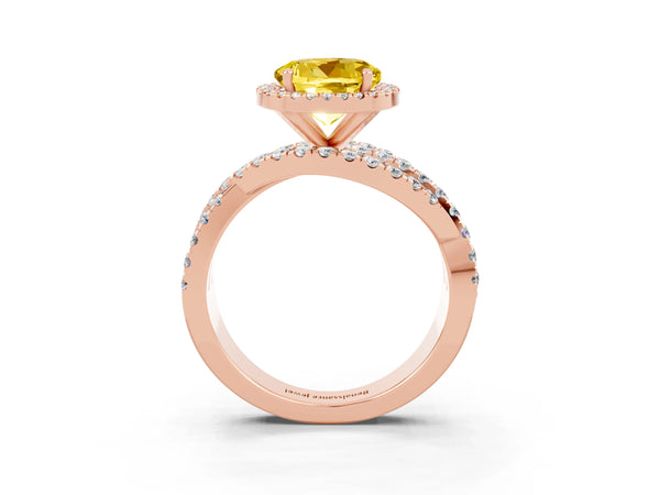 Rose gold Round Cut Yellow Sapphire Halo Ring with Round Split Shank and Prong Setting
