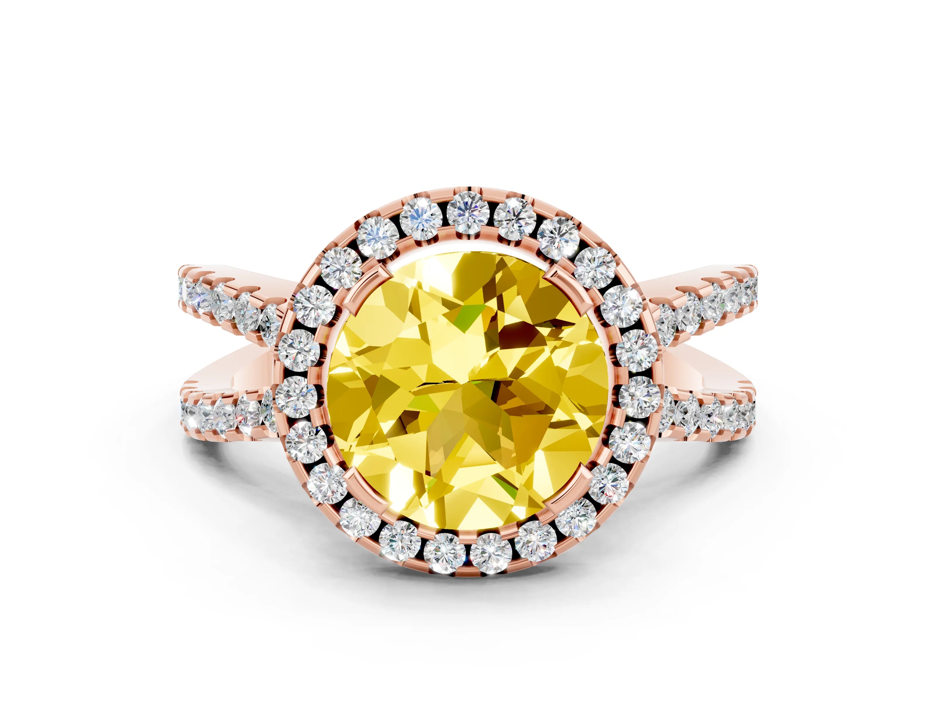 Rose gold Round Cut Yellow Sapphire Halo Ring with Split Shank Pavé Band and Prong Setting_12