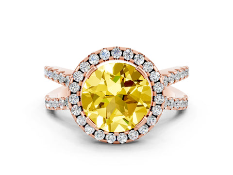 Rose gold Round Cut Yellow Sapphire Halo Ring with Split Shank Pavé Band and Prong Setting_12