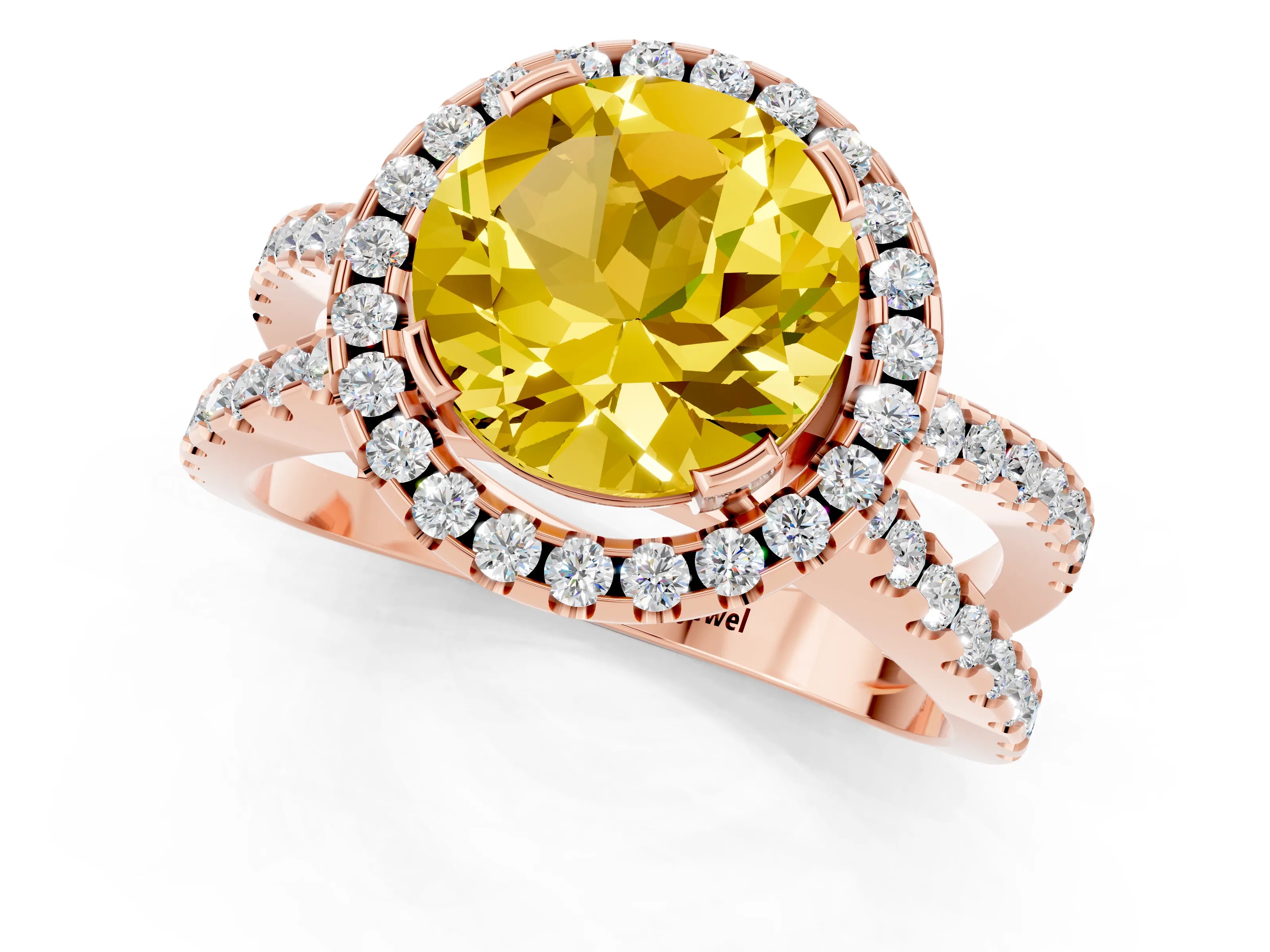 Rose gold Round Cut Yellow Sapphire Halo Ring with Split Shank Pavé Band and Prong Setting_13