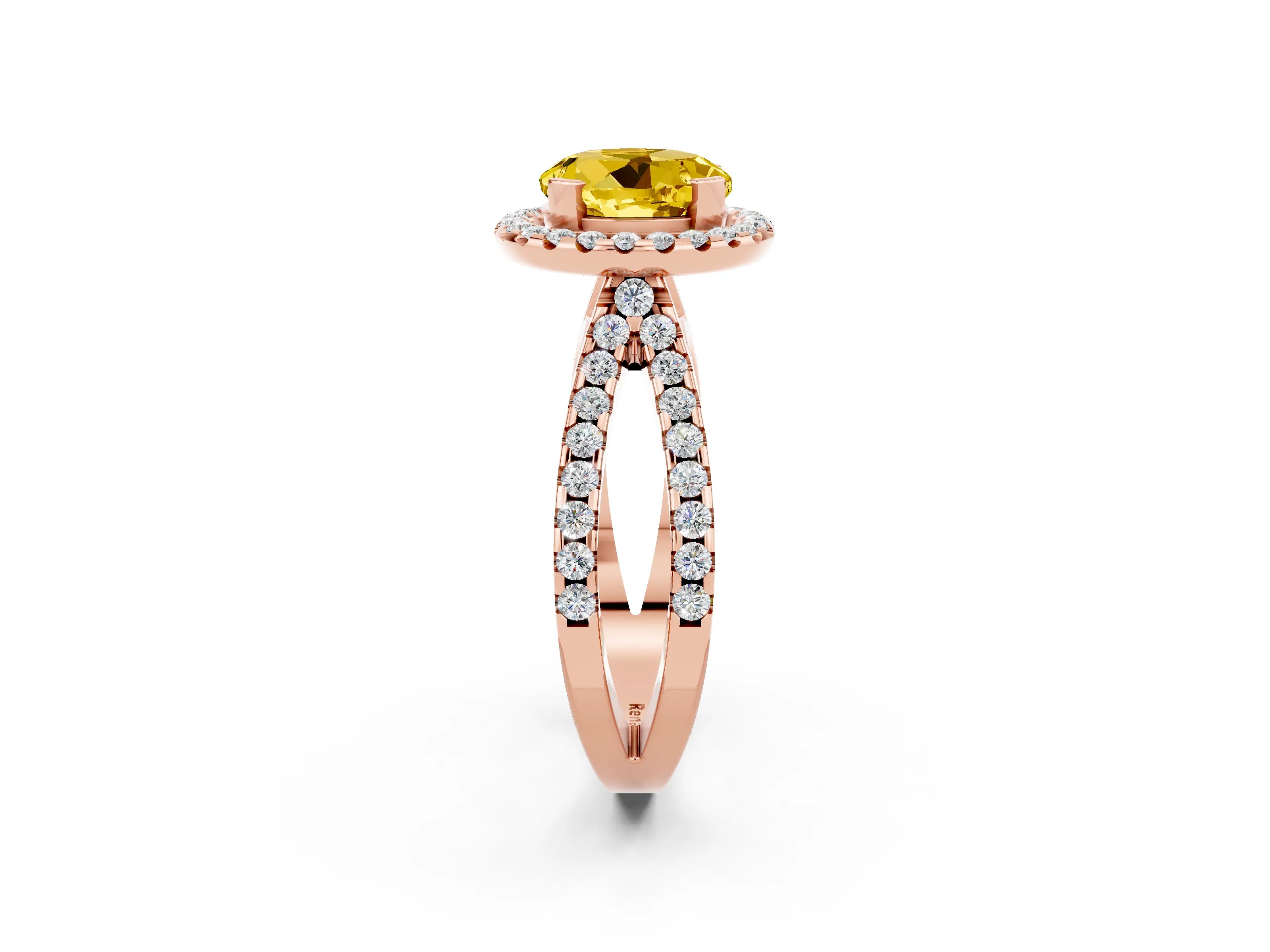 Rose gold Round Cut Yellow Sapphire Halo Ring with Split Shank Pavé Band and Prong Setting_14