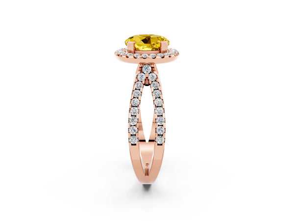 Rose gold Round Cut Yellow Sapphire Halo Ring with Split Shank Pavé Band and Prong Setting
