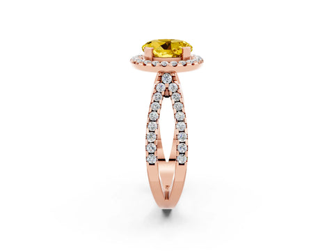 Rose gold Round Cut Yellow Sapphire Halo Ring with Split Shank Pavé Band and Prong Setting_14