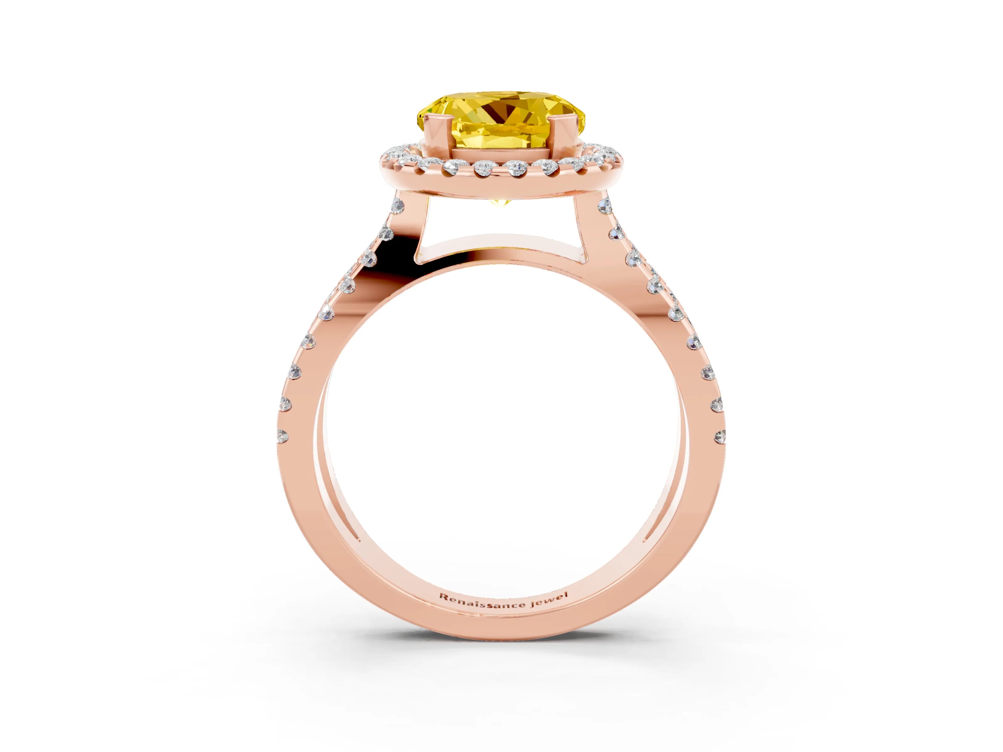 Rose gold Round Cut Yellow Sapphire Halo Ring with Split Shank Pavé Band and Prong Setting_15