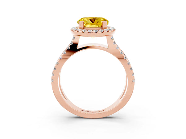 Rose gold Round Cut Yellow Sapphire Halo Ring with Split Shank Pavé Band and Prong Setting