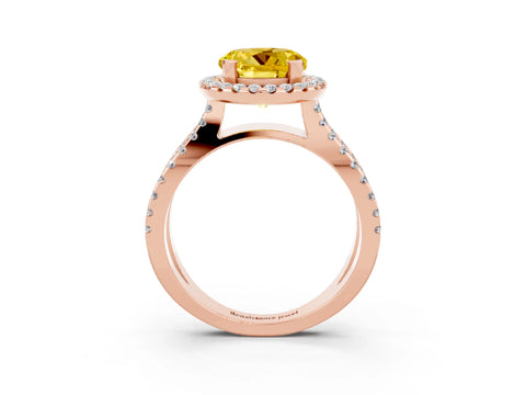 Rose gold Round Cut Yellow Sapphire Halo Ring with Split Shank Pavé Band and Prong Setting_15